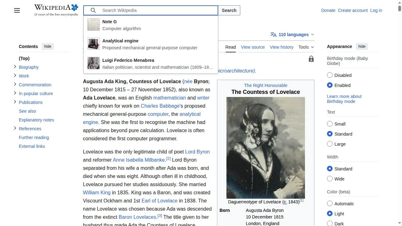 Screenshot after clicking — the Wikipedia search bar is now active